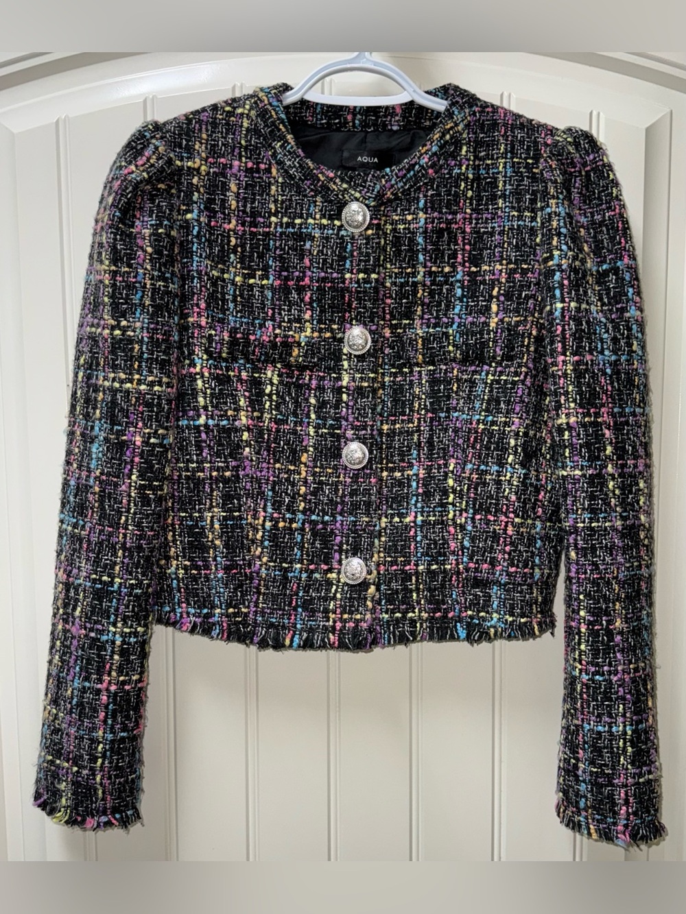 EUC WOMEN Sz SMALL (bust 36”) AQUA TWEED BOUCLE BLAZER JACKET MULTICOLOR - Picture 2 of 4